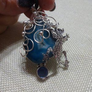Artistic "BLUE BOTSWANA AGATE & BLUE TOPAZ" LIZARD Handmade Sterling Pendant/Cha